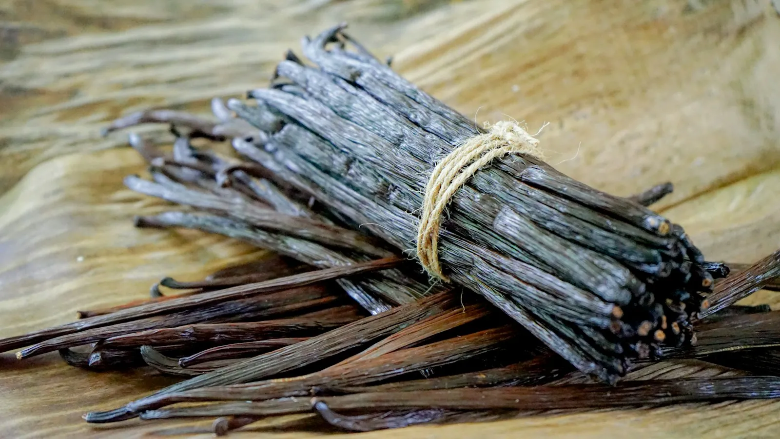 A bundle of vanilla beans tied with twine